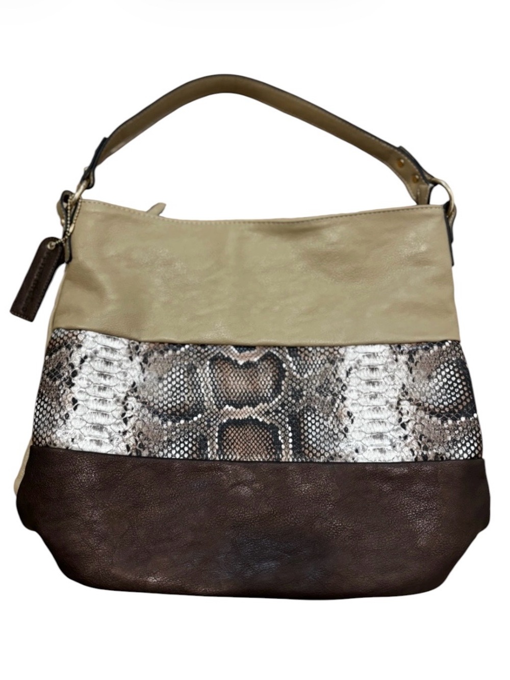 Peter Nygard Tri-Panel Hobo in Taupe, Snake Print & Dark Brown Shoulder Bag